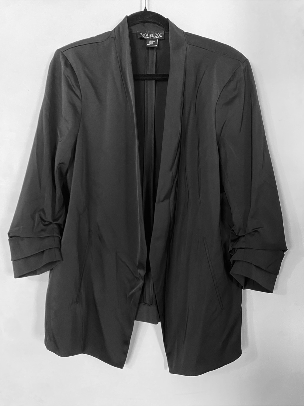 Rachel Zoe Open Front Blazer Jacket Ruched 3/4 Sleeves Black XL EUC - Picture 2 of 6
